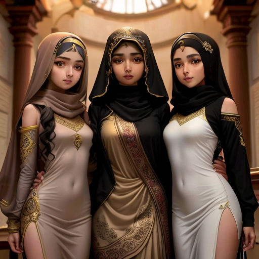 three women in egyptian dress standing next to each other in a room with a window and a ceiling fan