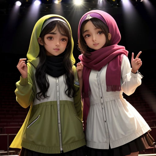 two girls in a theater pose for a picture together with their hands up in the air and their hands in the air