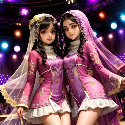 two girls dressed in purple and white are posing for a picture together in front of a stage with lights