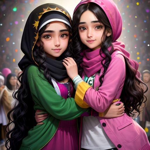 two girls hugging each other in front of a crowd of people with confetti on their heads and a star on their head