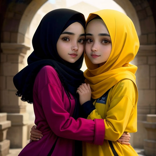 two women in hijabs are hugging each other in a courtyard with arches in the background and a stone archway
