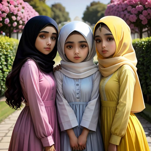 three girls in dresses standing next to each other in front of a flower garden with pink flowers in the background