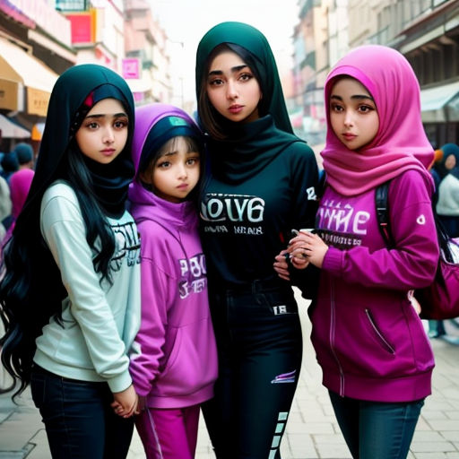 a group of young women standing next to each other on a sidewalk in a city center with people walking around