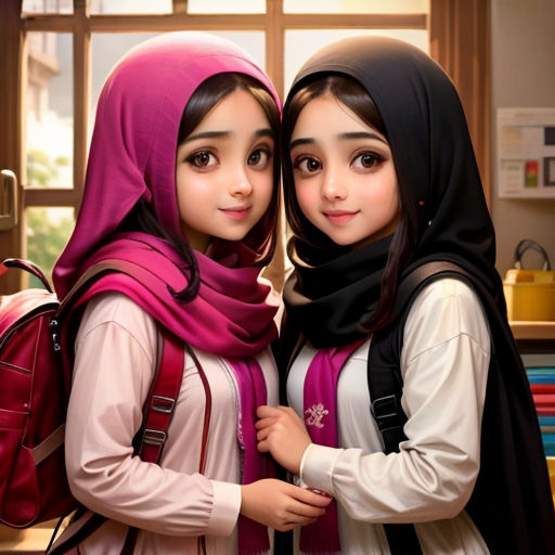 two girls in hijabs are standing together in a room with a window and a bookcase behind them