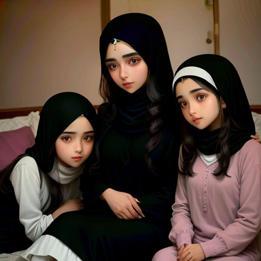 three girls sitting on a bed in a room with a white wall and a door behind them, one of them is wearing a black head scarf