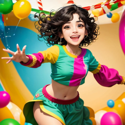 a woman in a colorful outfit is dancing with balloons and streamers around her and a cake on the table