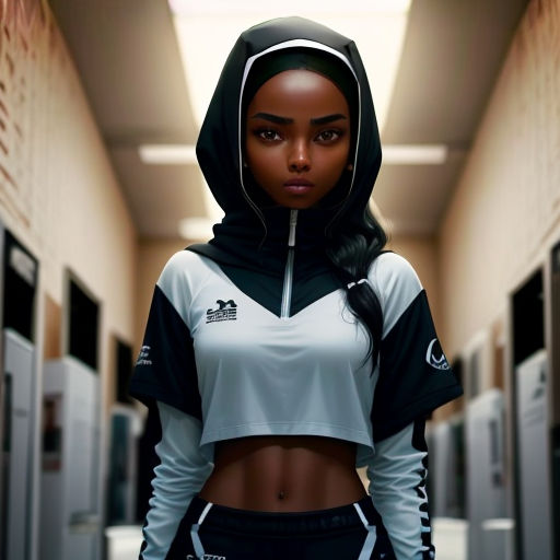a woman in a sports outfit standing in a hallway with lockers behind her and a backpack on her shoulder