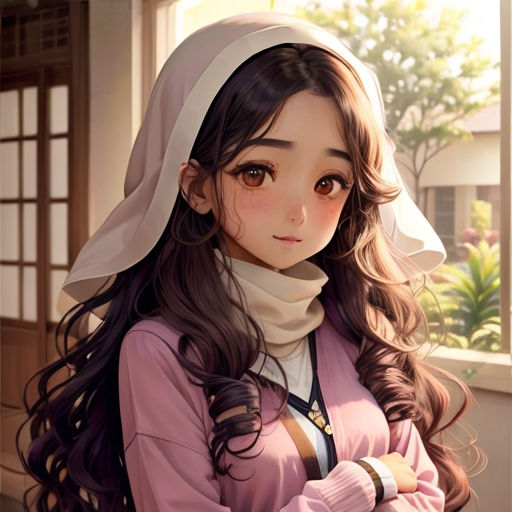 a girl with long hair wearing a pink shirt and a scarf around her neck and a white scarf around her neck