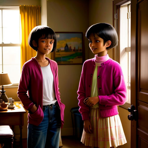 two young girls standing in a room next to a door and a window with a painting on it and a lamp on the side
