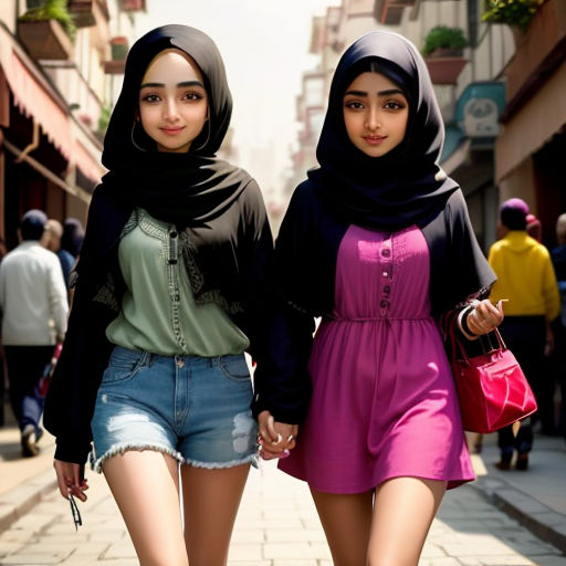 two women walking down a street holding hands and wearing hijabs and scarves, both wearing short shorts