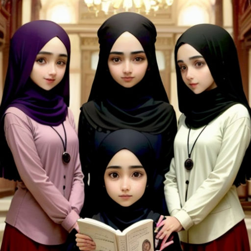three women in hijabs are standing together and reading a book together in a room with chandeliers