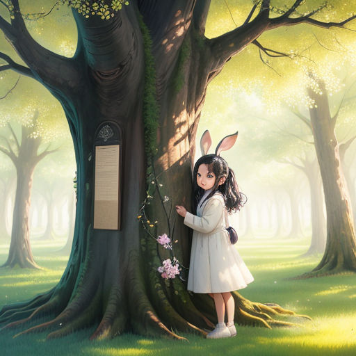 haunting-fox606: Illustrate an enchanting moment in the magical forest as  Lucy, a curious little girl with bright red hair and big, sparkling green  eyes, eagerly grasps the shiny brass handle of the