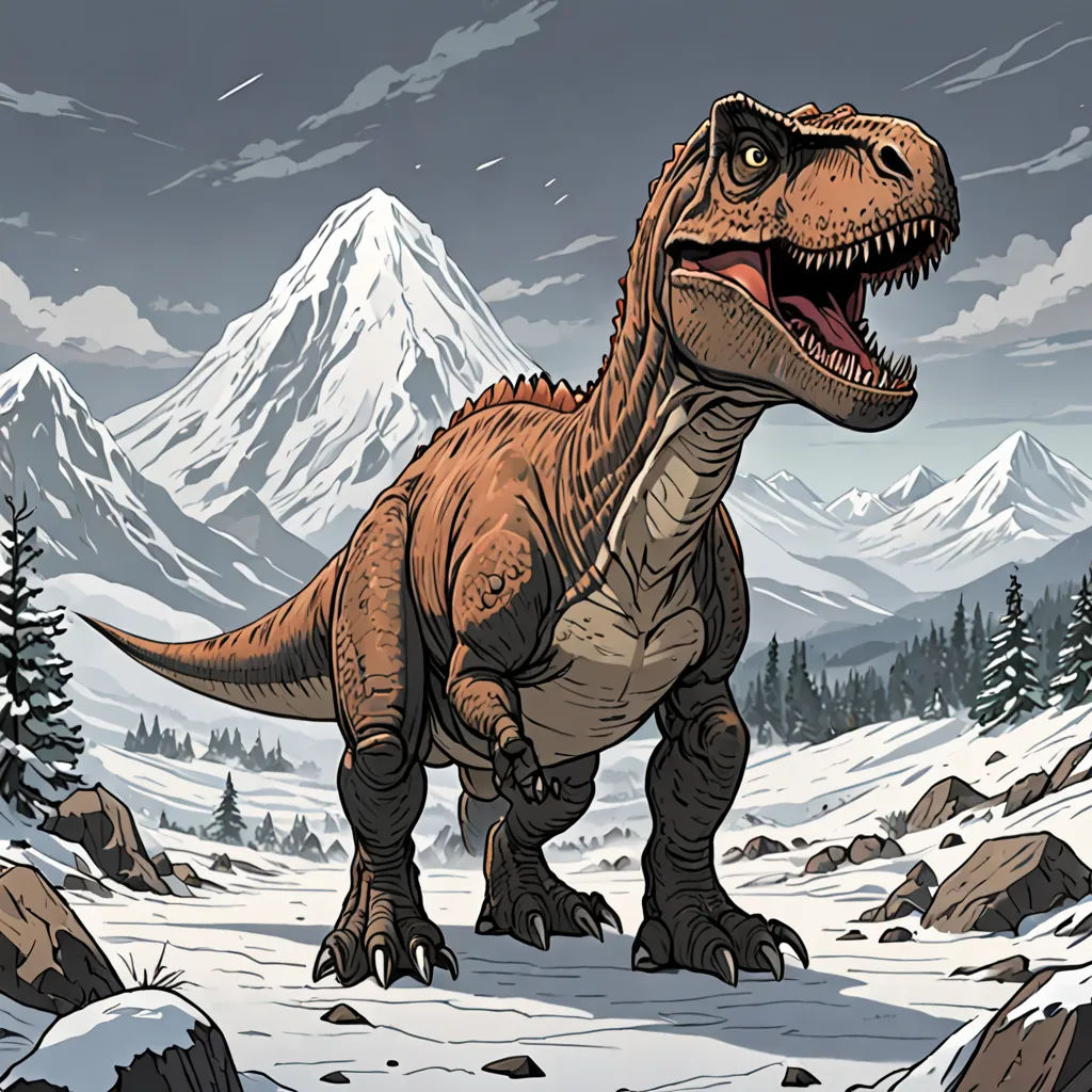 a t - shirt with a dinosaur in the snow with mountains in the background and snow - capped trees, sots art, a comic book panel, Adam Rex, comic cover art