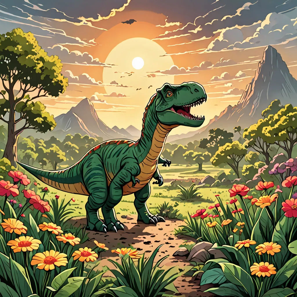 a dinosaur is walking through a field of flowers and trees with a mountain in the background and a sun setting, fantasy art, a storybook illustration, Chris LaBrooy, rossdraws global illumination