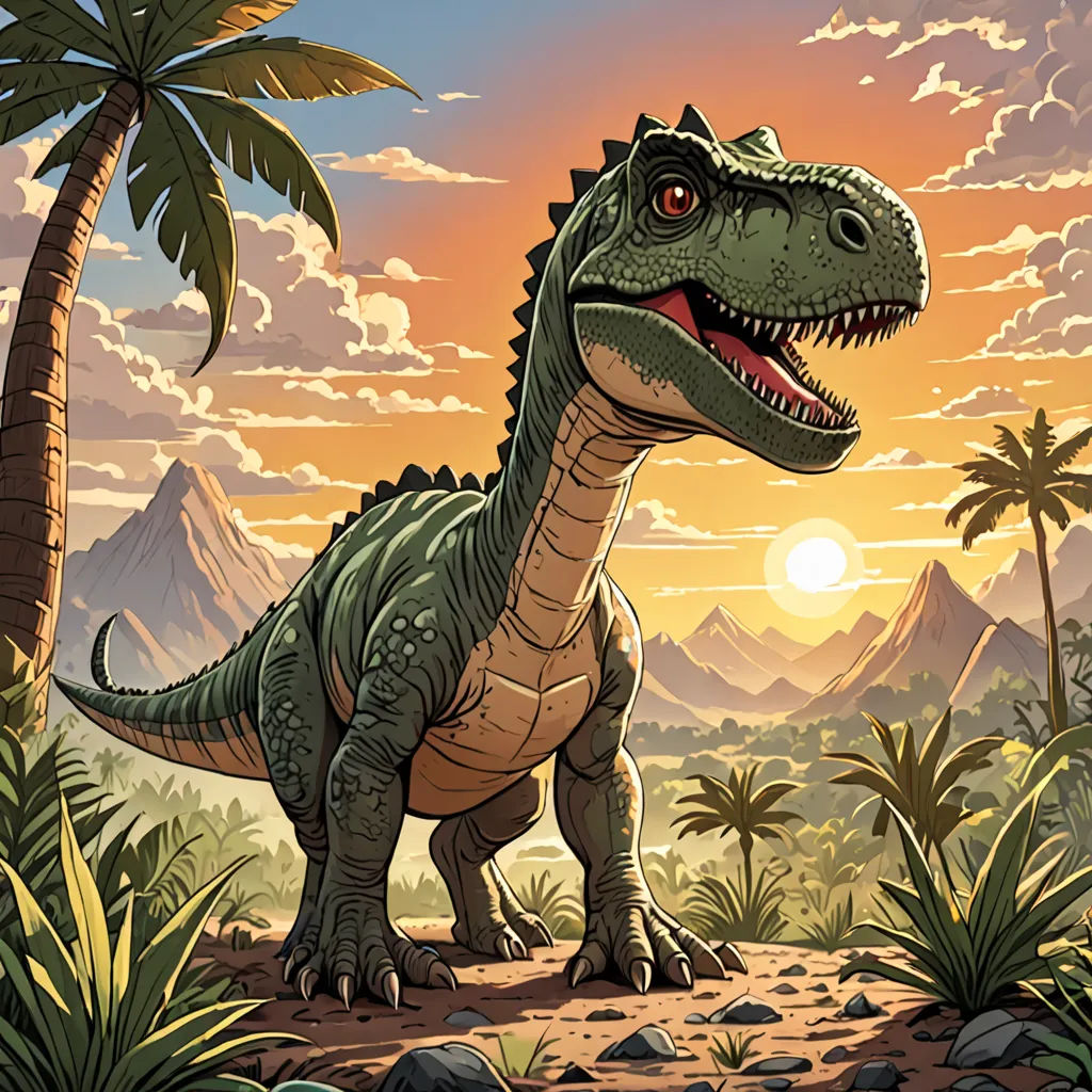 a dinosaur in a tropical setting with palm trees and mountains in the background, with a sunset in the background, sumatraism, a comic book panel, Adam Rex, rossdraws global illumination