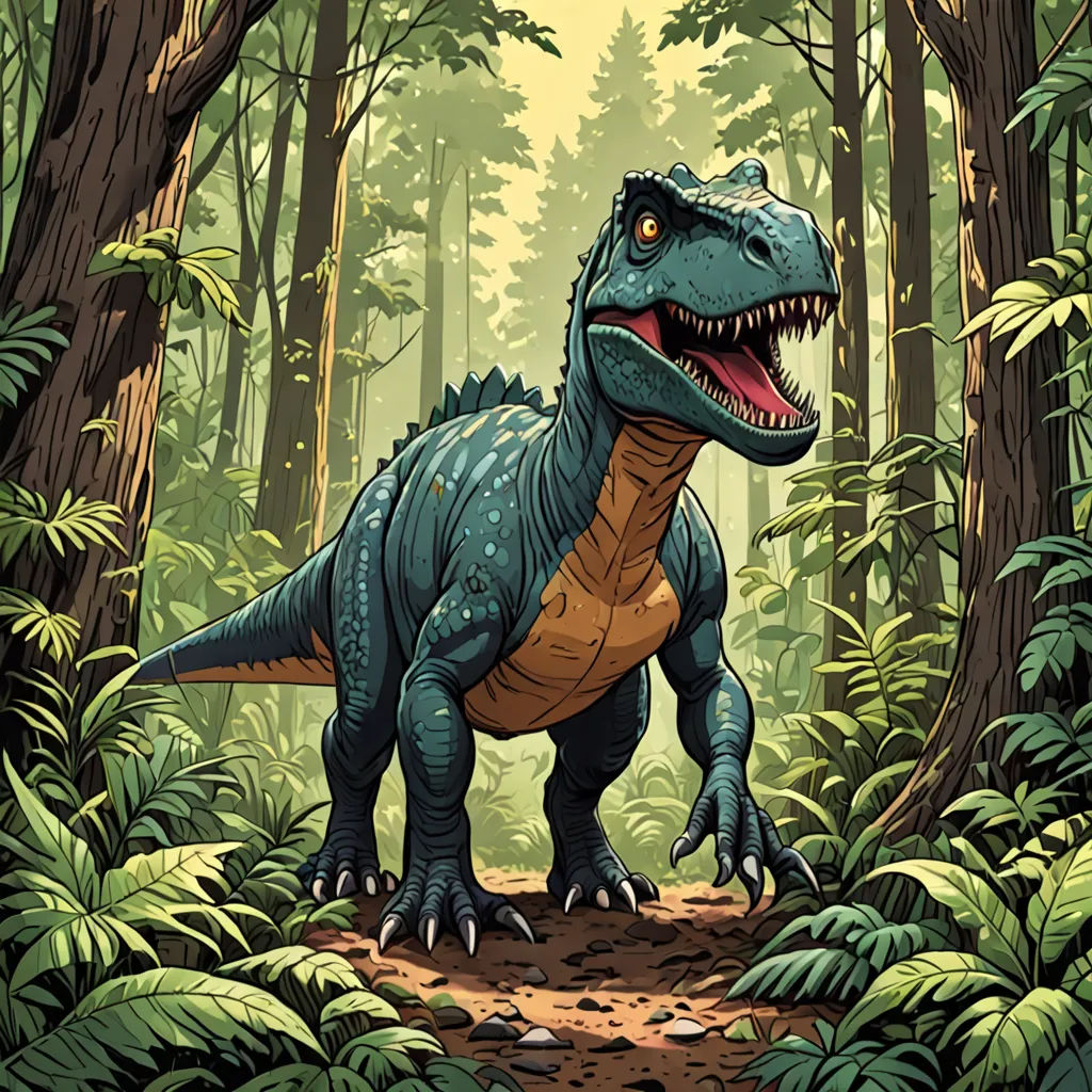 a dinosaur in the middle of a forest with trees and plants around it, with a large mouth and sharp teeth, altermodern, an illustration of, Adam Rex, josan gonzales and dan mumford