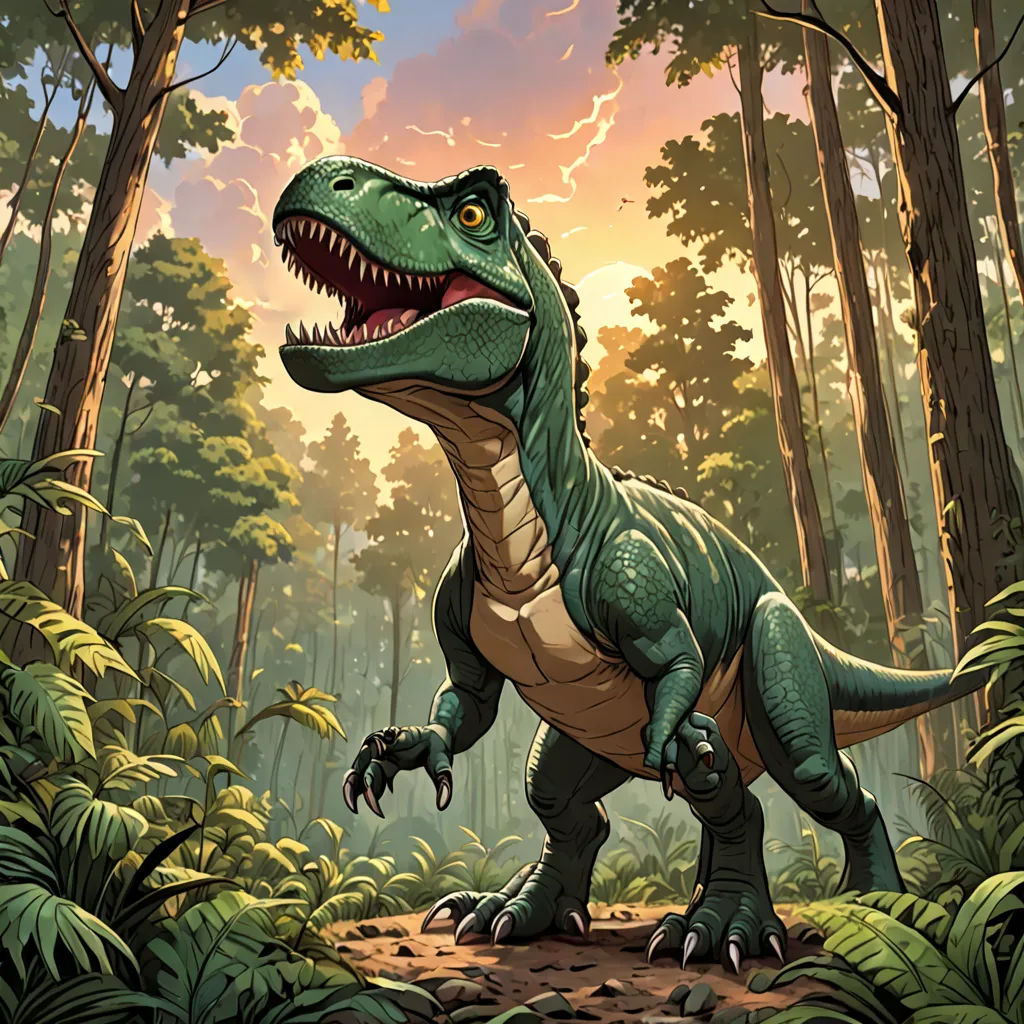 a dinosaur in the jungle with a large open mouth and sharp teeth, with a large open mouth, standing in the middle of a forest, altermodern, concept art, Adam Rex, rossdraws global illumination