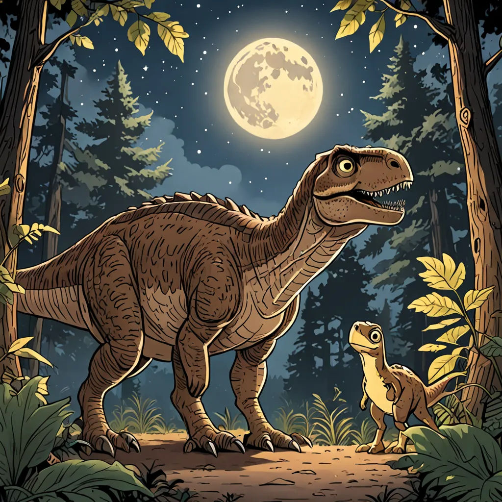 a dinosaur and a baby t - shirt with a full moon in the background and trees and grass in the foreground, space art, a storybook illustration, Adam Rex, comic cover art