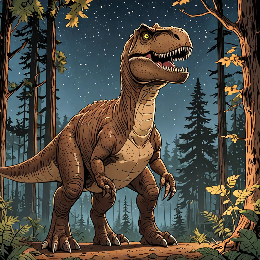 a dinosaur in the woods with trees and stars in the background, with a full moon in the sky, altermodern, an illustration of, Adam Rex, laurie greasley