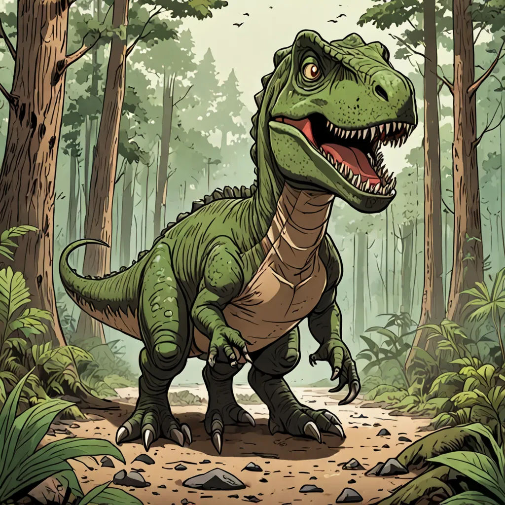 a dinosaur in the woods with a forest background and trees in the background, with a path leading to it, altermodern, a storybook illustration, Adam Rex, laurie greasley