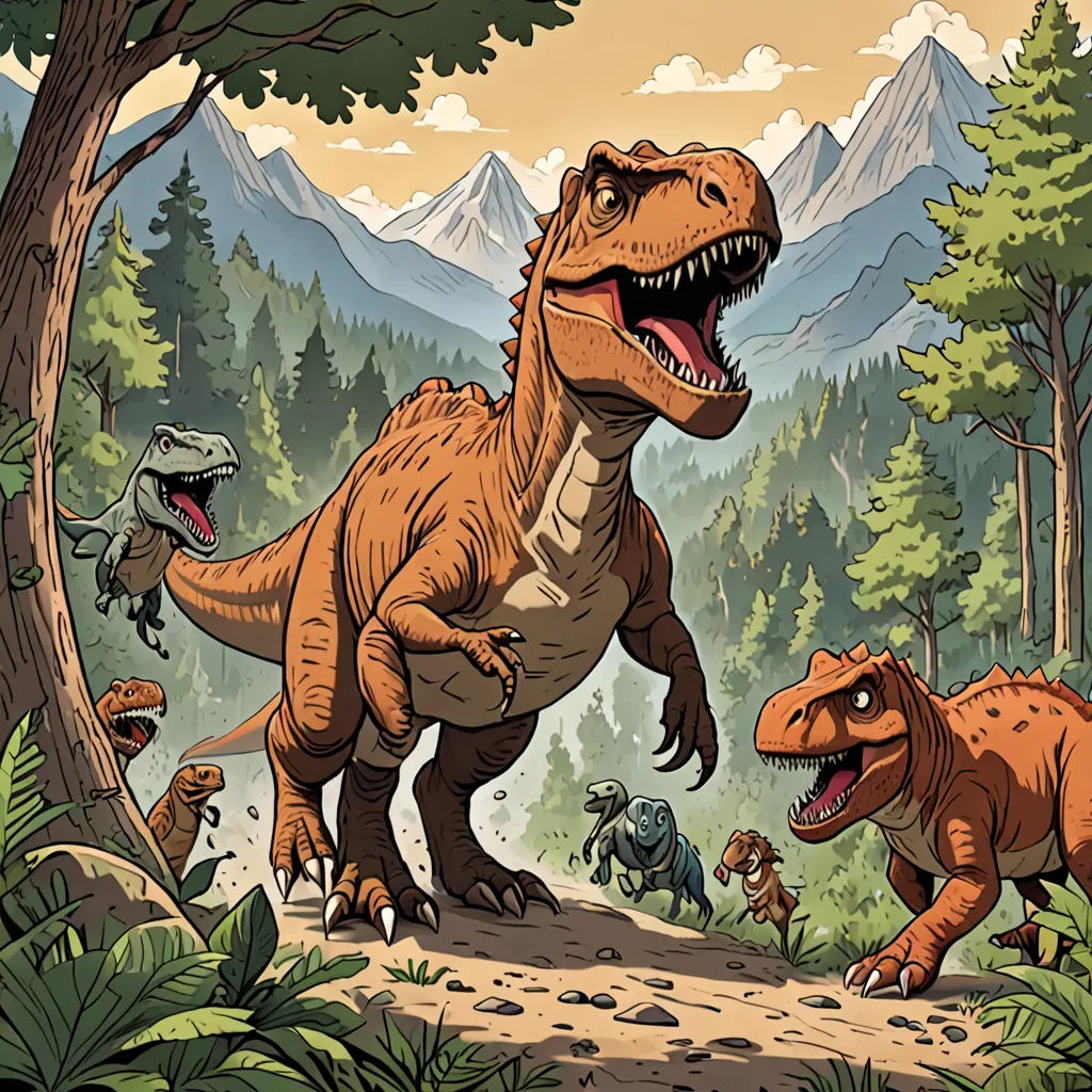 a group of dinosaurs walking through a forest filled with trees and rocks, with mountains in the background and a forest filled with trees and bushes, fantasy art, a storybook illustration, Adam Rex, rossdraws global illumination