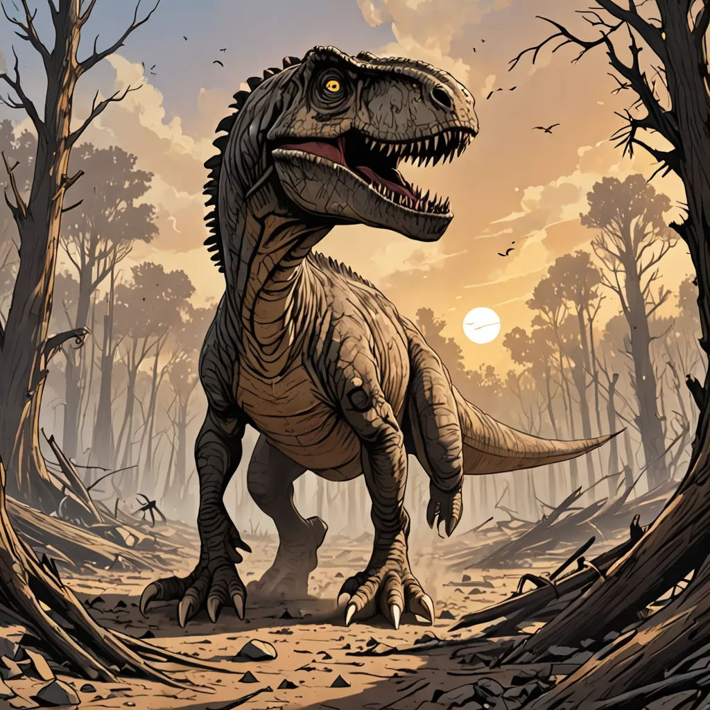 a dinosaur in a forest with a sun in the background and trees in the foreground, with a bird flying overhead, altermodern, a comic book panel, Adam Rex, laurie greasley