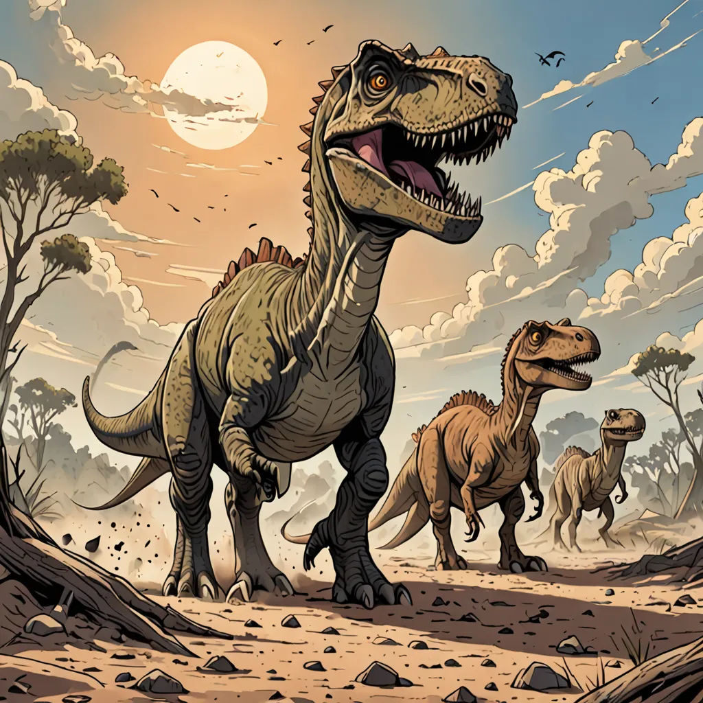 a group of dinosaurs walking through a dirt field with a full moon in the background and a few trees, primitivism, a comic book panel, Dan Mumford, laurie greasley