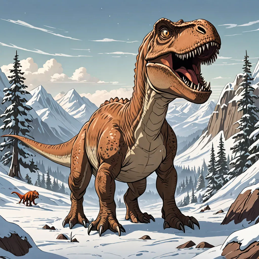 a dinosaur in a snowy landscape with mountains in the background and trees in the foreground, and a t - rex in the foreground, sots art, a storybook illustration, Adam Rex, laurie greasley