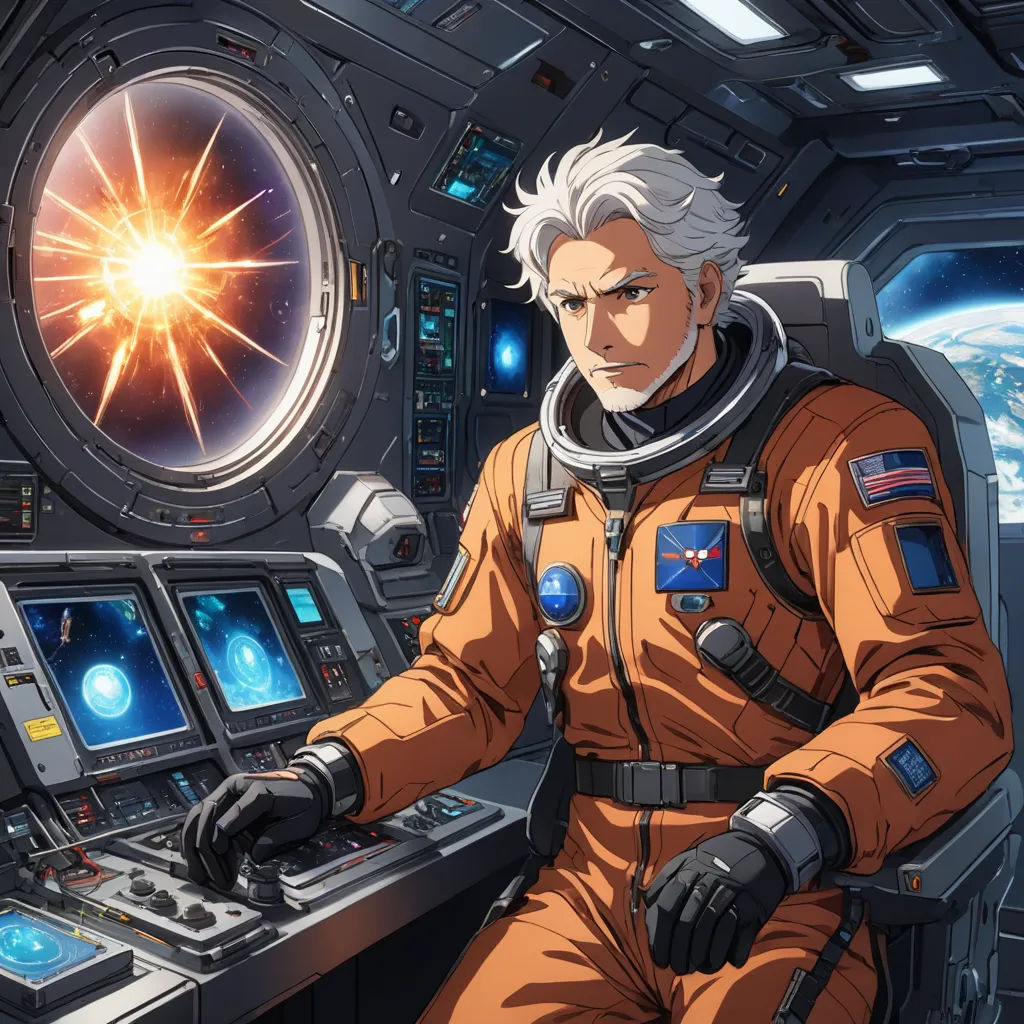 a man in a space suit standing in front of a computer screen with a star in the background and a planet in the background, space art, a character portrait, Eizan Kikukawa, official art