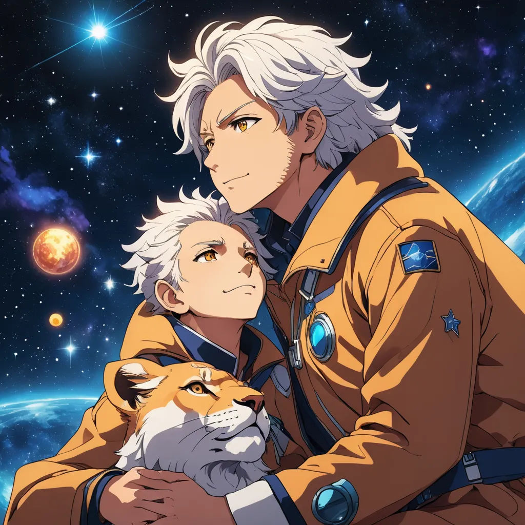 a man and a woman are hugging in front of a space background with a cat on his lap and a planet in the background, space art, an album cover, Cosmo Alexander, official art