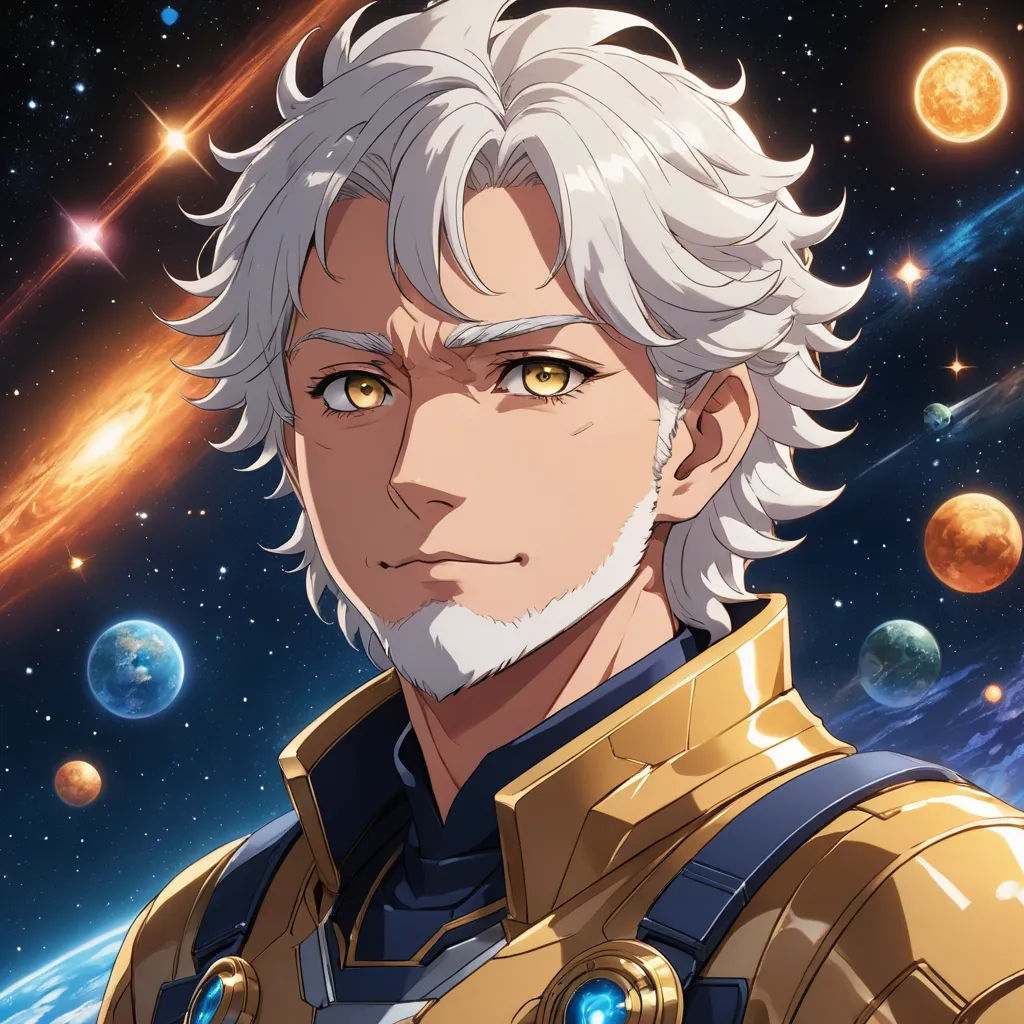 a man with white hair and a beard in front of planets and stars, with a white beard and a yellow jacket, space art, a character portrait, Edmond Xavier Kapp, official art