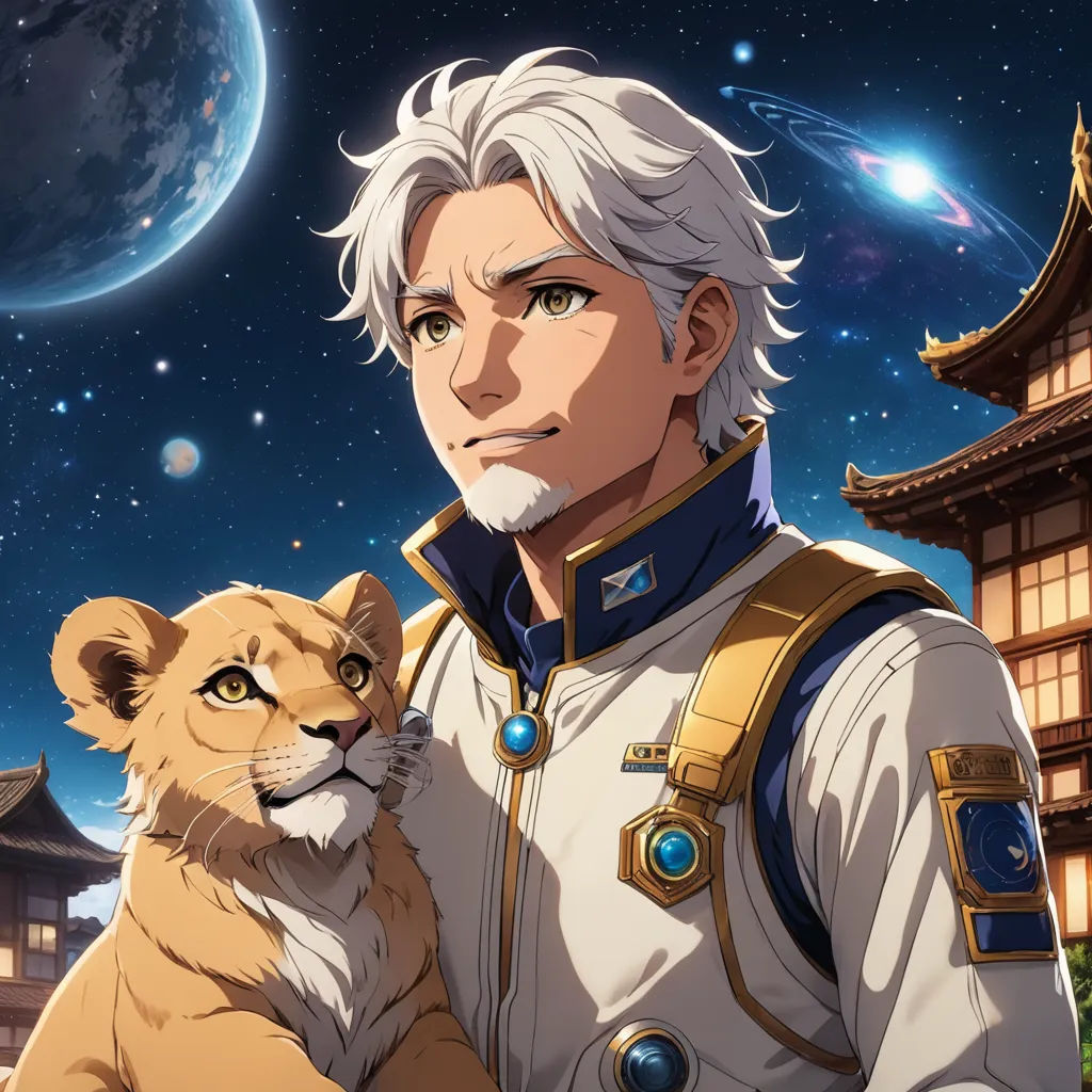 a man in a uniform holding a lion in front of a building with a sky background and a moon, space art, a character portrait, Edmond Xavier Kapp, official art
