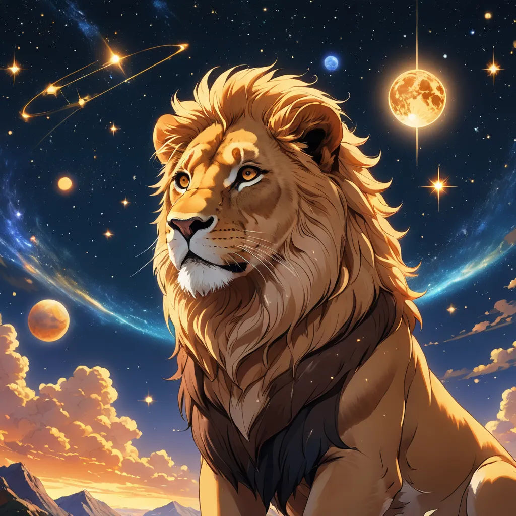 a lion sitting on a rock in front of a sky full of stars and planets with a full moon in the background, space art, a detailed painting, Chris LaBrooy, trending on art station