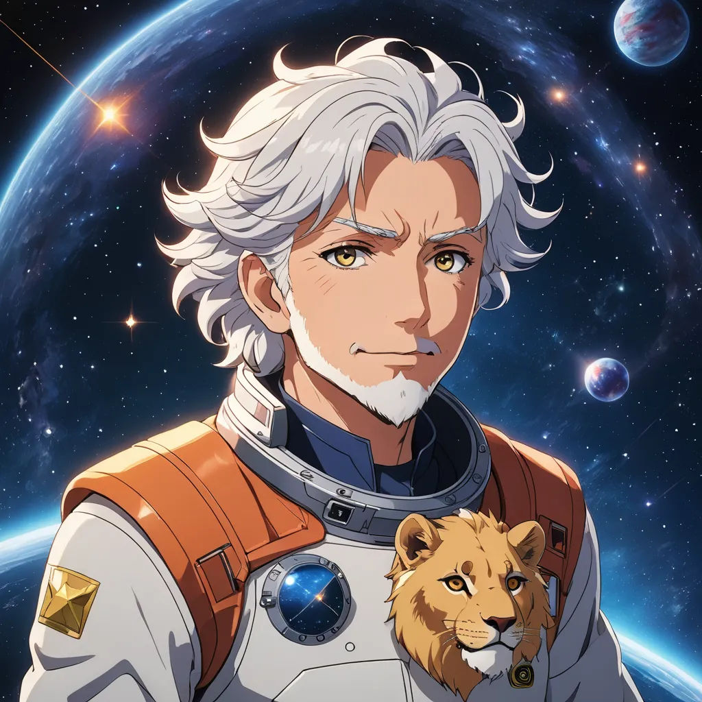 a man in a space suit holding a lion in his hand and a planet in the background with stars, space art, a character portrait, Adam Manyoki, official art