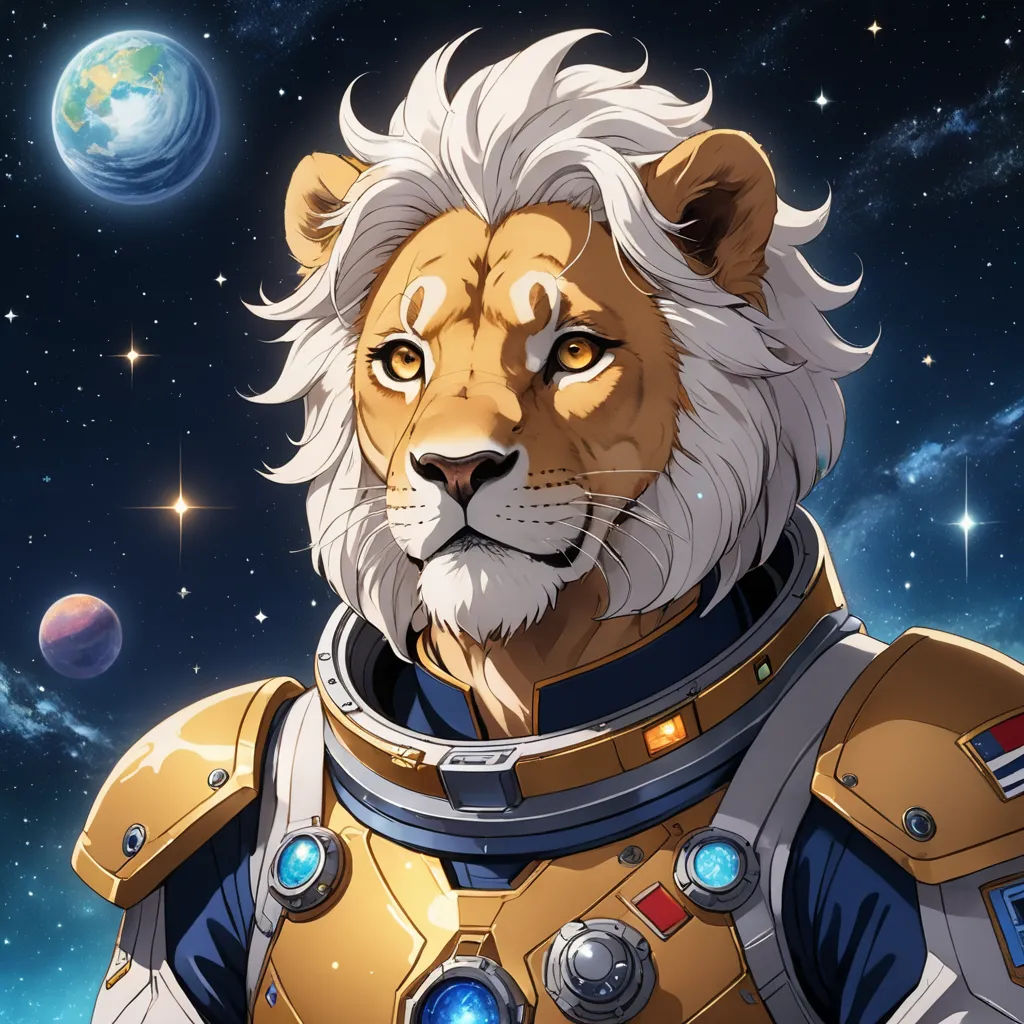a lion in a space suit with a planet in the background and stars in the sky behind it, with a blue and white background, space art, a character portrait, Chris LaBrooy, trending on furaffinity