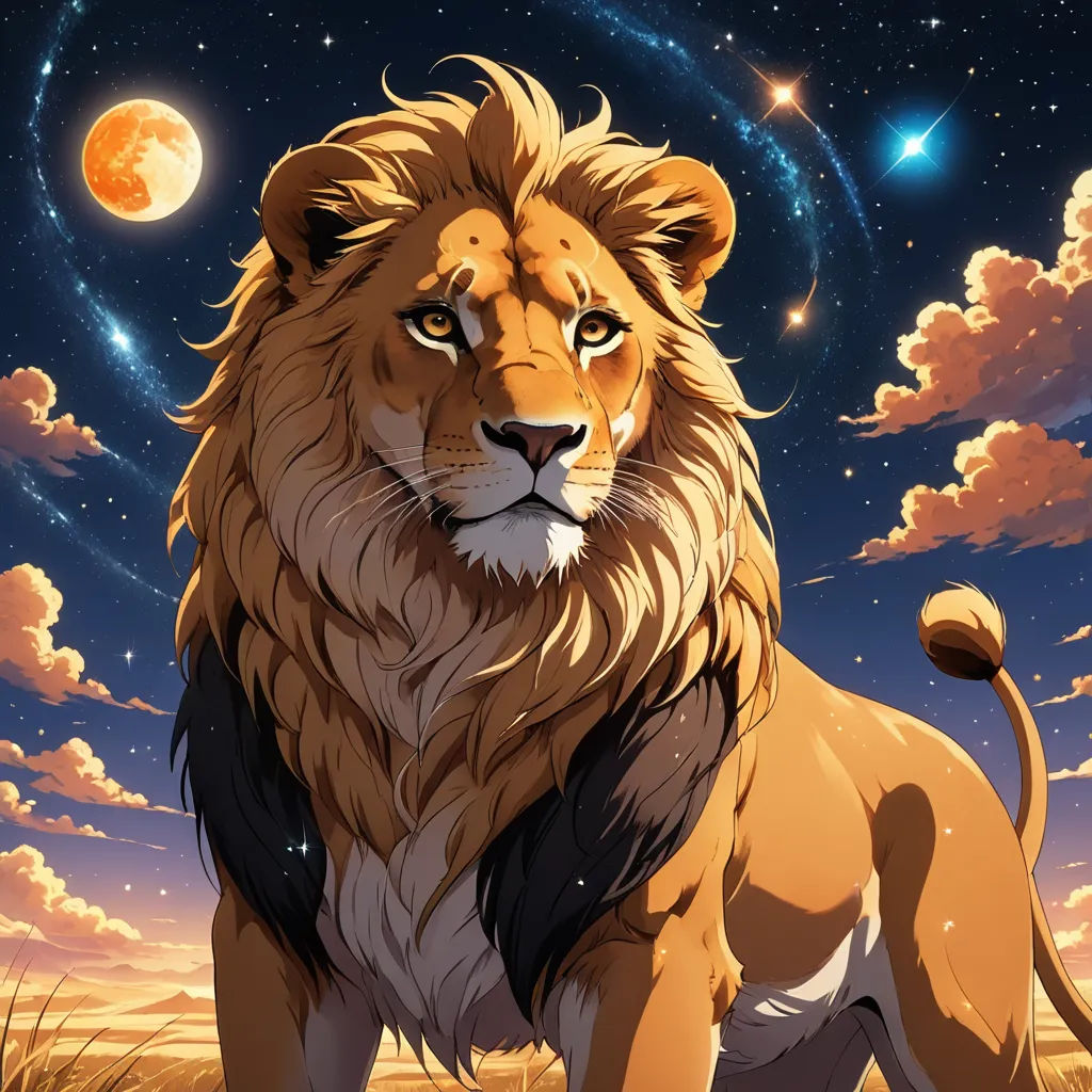 a lion standing in a field with a full moon in the background and stars in the sky above it, space art, an album cover, Chris LaBrooy, trending on art station
