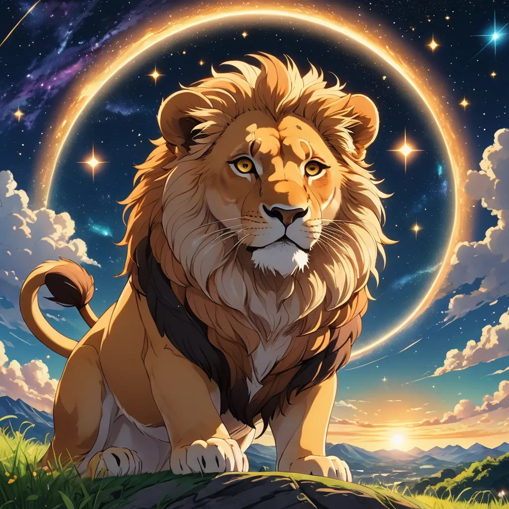 a lion sitting on a hill with a full moon in the background and stars in the sky above it, furry art, a detailed painting, Chris LaBrooy, trending on art station