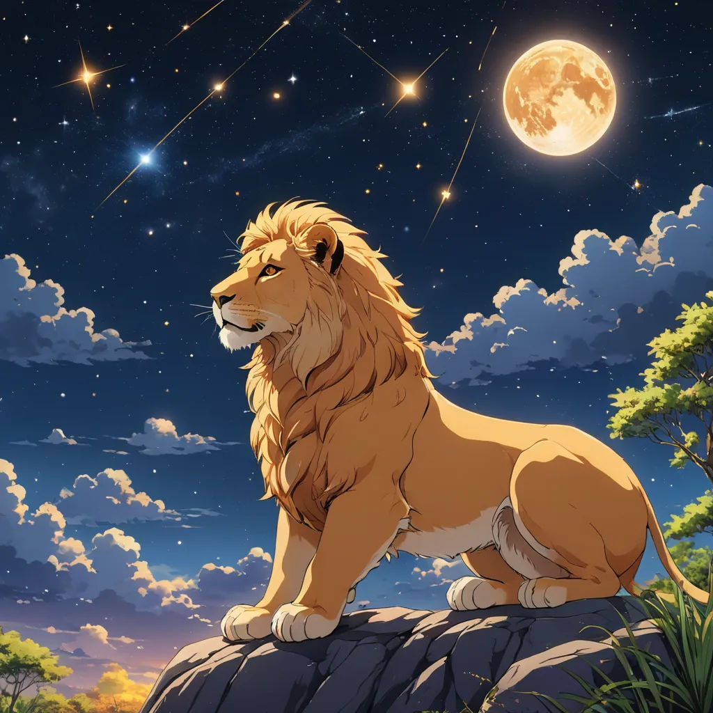 a lion sitting on a rock in the night sky with a full moon in the background and stars in the sky, furry art, an album cover, Anthony Devas, majestic