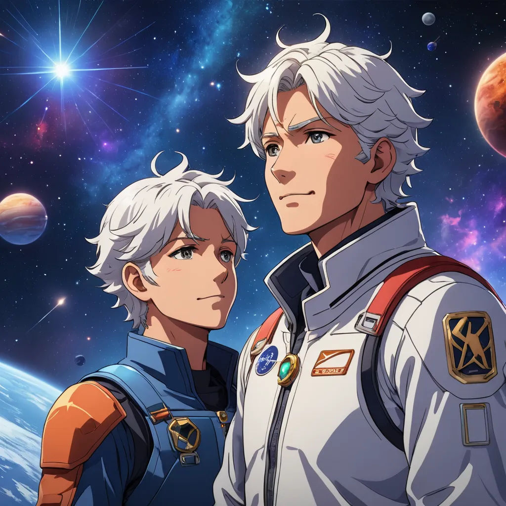 two people standing in front of a space background with planets and stars in the background, and a person in a space suit looking at the camera, space art, poster art, Felix-Kelly, official art