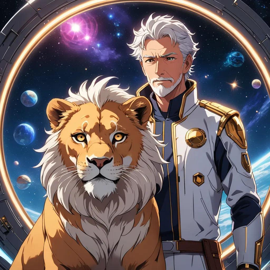 a man in a space suit standing next to a lion in front of a planet with stars and planets, space art, a character portrait, Edmond Xavier Kapp, official art