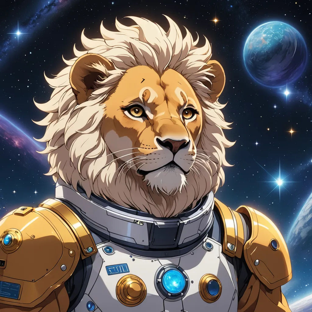 a lion in a space suit with a planet in the background with stars and a blue sky with a few planets, space art, an album cover, Chris LaBrooy, rossdraws global illumination
