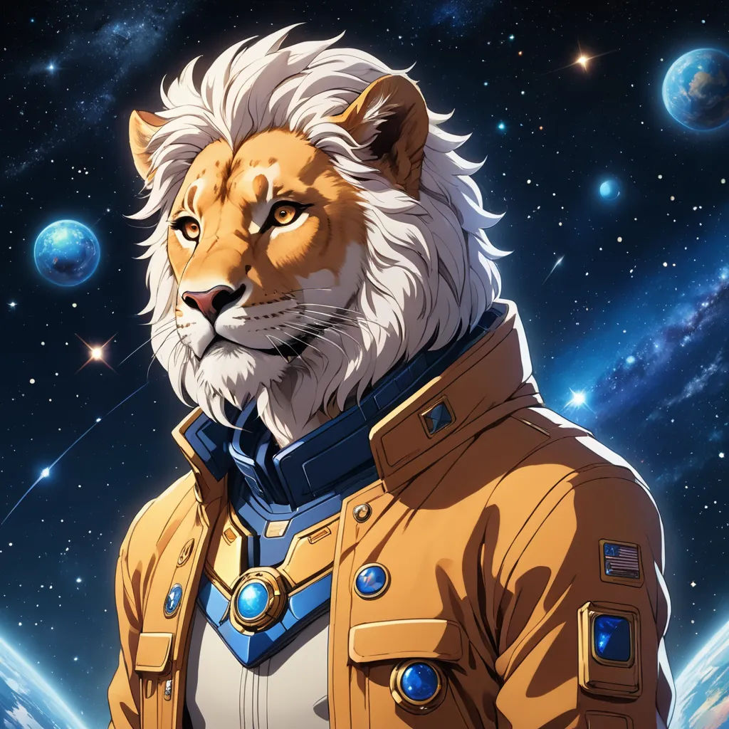 a lion in a space suit with a planet in the background and stars in the sky behind it,, space art, a character portrait, Chris LaBrooy, official art