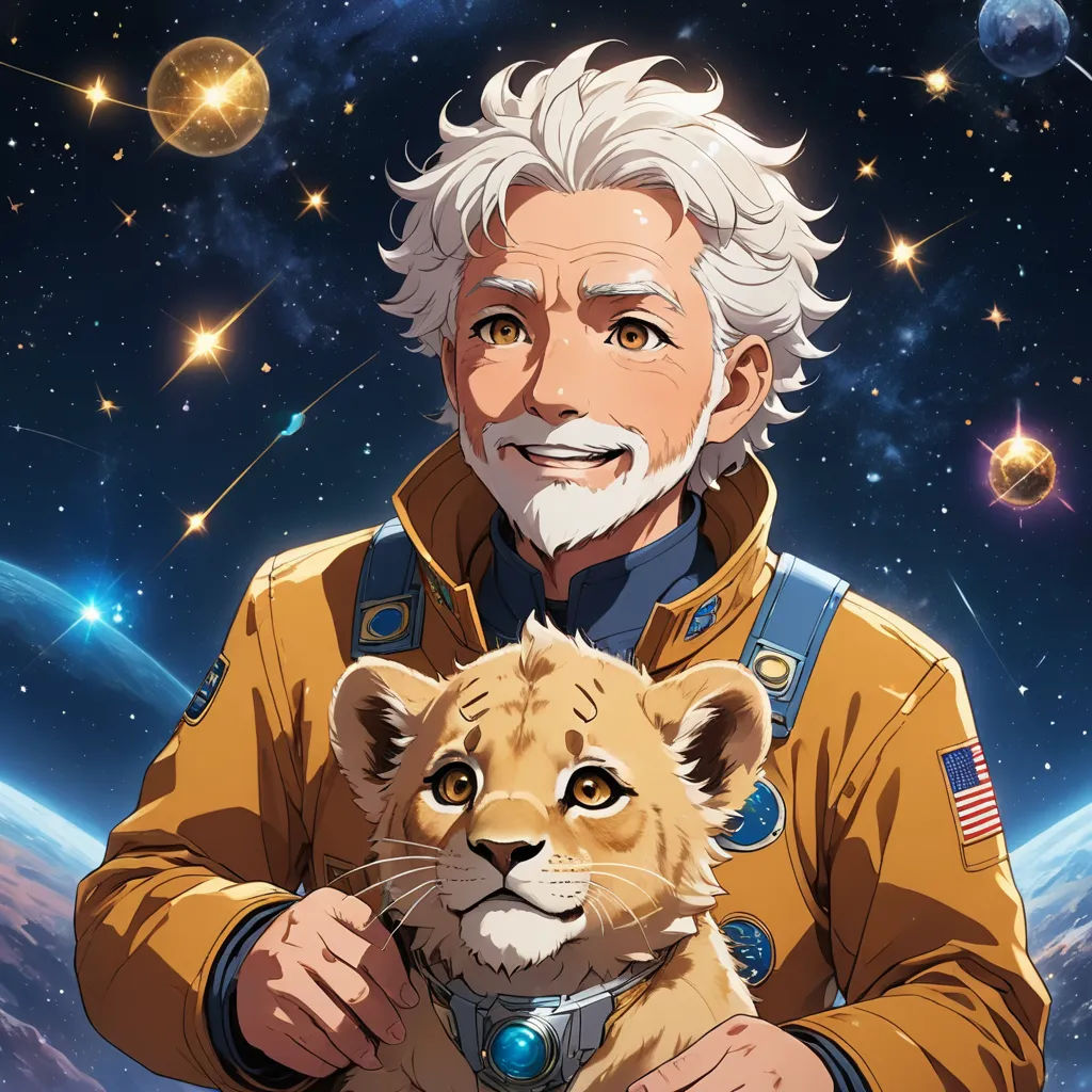 a man holding a small lion in his arms in front of a space background with stars and planets in the sky, space art, a character portrait, Edmond Xavier Kapp, official art