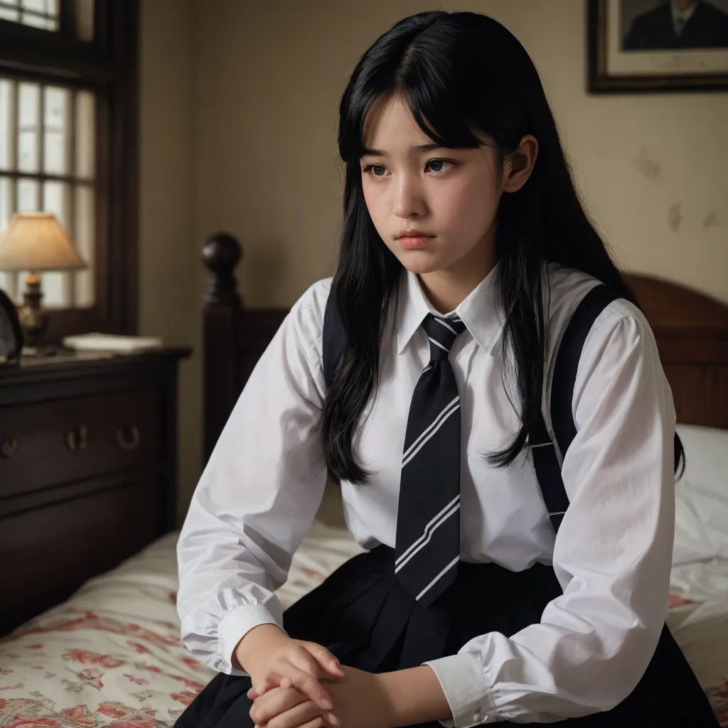 a girl in a tie and dress shirt sitting on a bed in a room with a window and a lamp, purism, a character portrait, Chizuko Yoshida, movie still