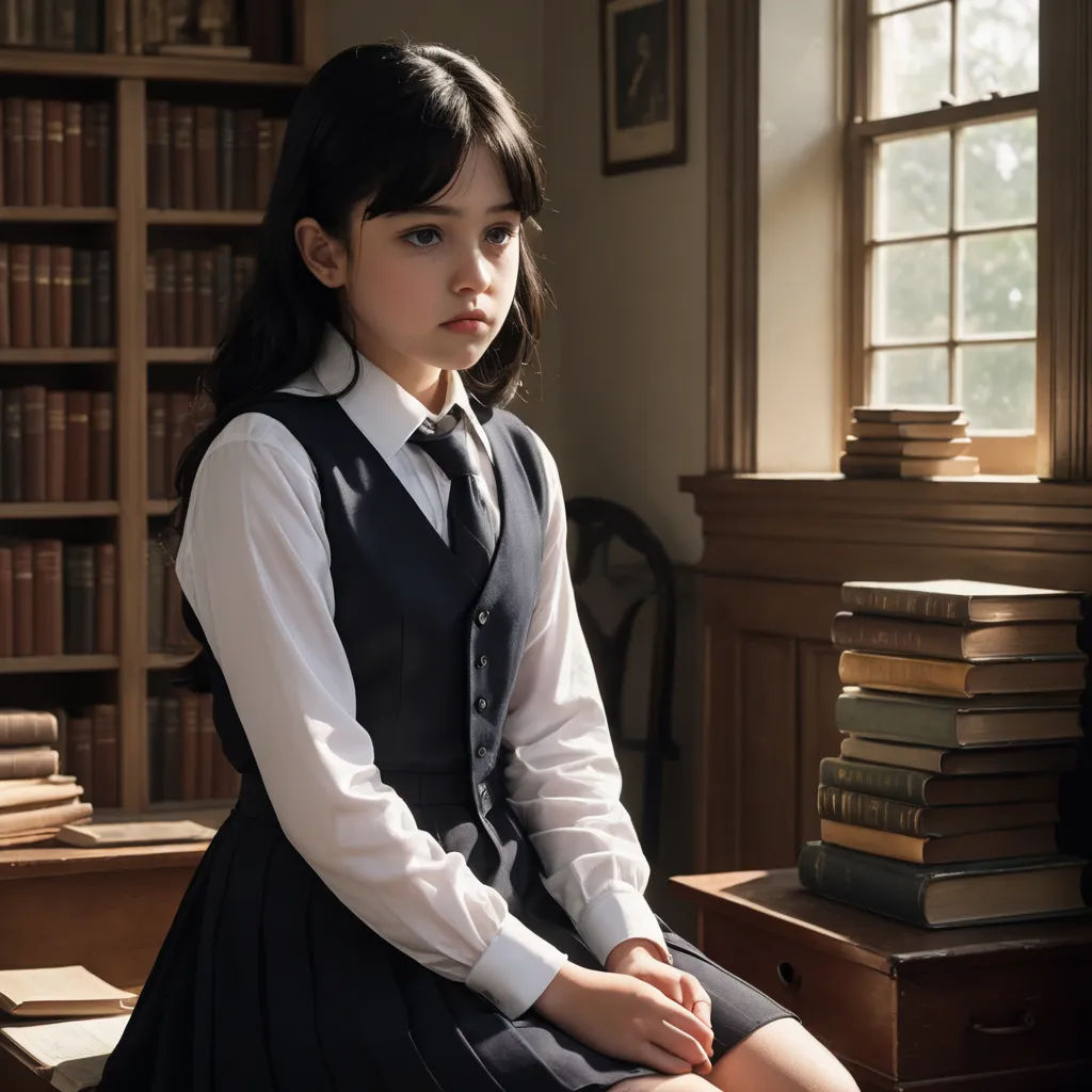 a young girl sitting on a chair in a library with books on the shelves behind her and a window, vancouver school, a character portrait, Chizuko Yoshida, promotional image