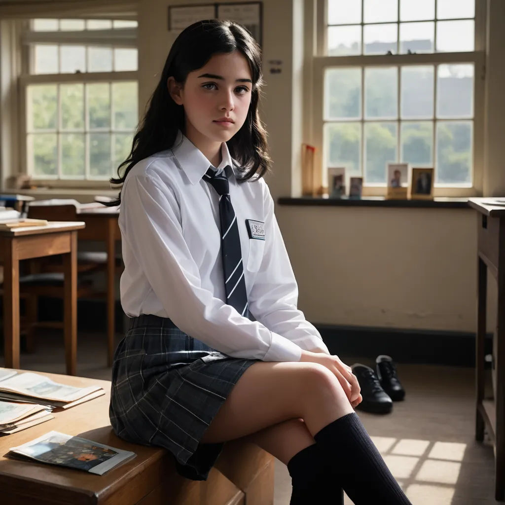 a girl in a school uniform sitting on a desk in a room with a window and a desk with a bookcase, vancouver school, a character portrait, Constance Gordon-Cumming, promotional image