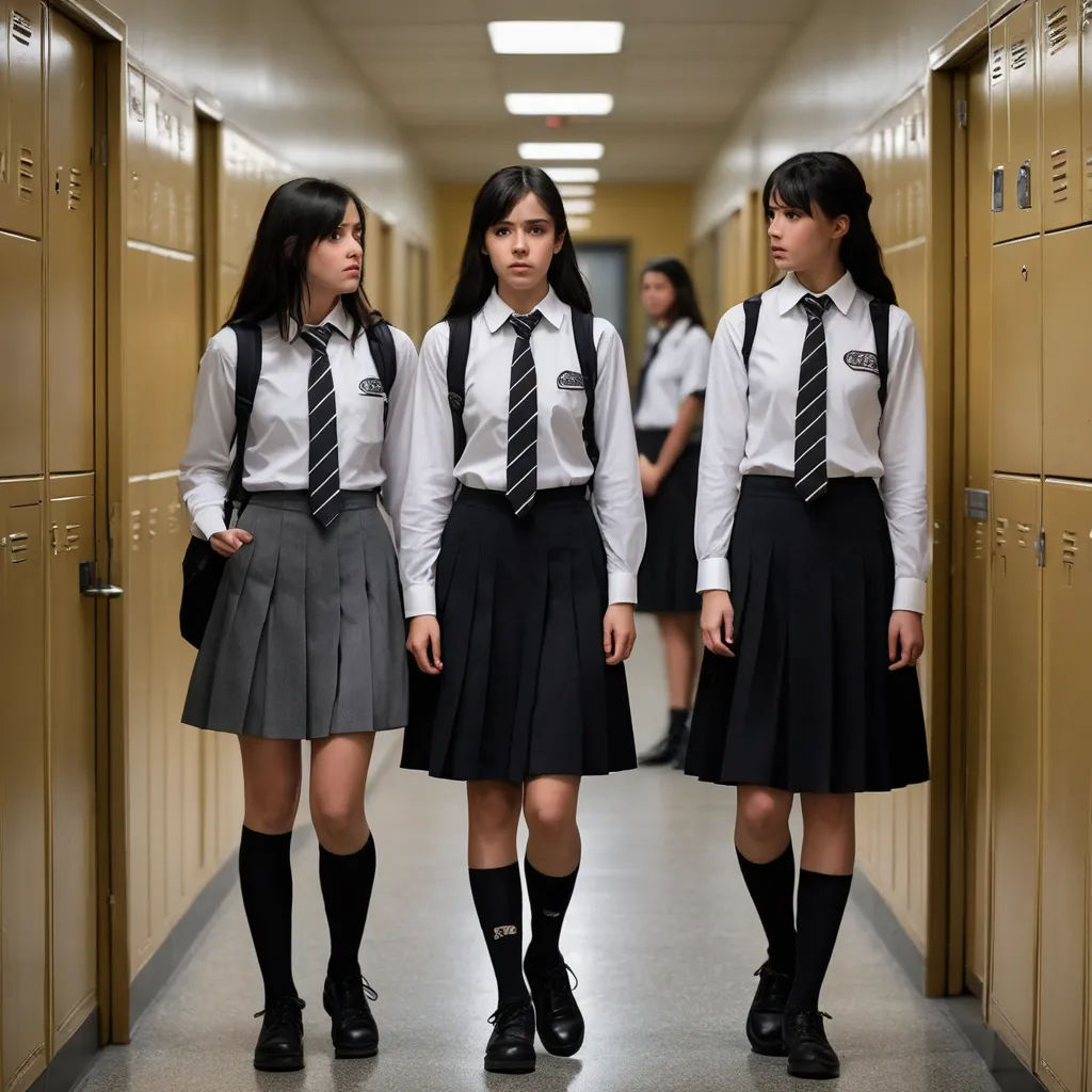three girls in school uniforms are standing in a hallway with lockers and locker doors behind them, looking at the camera, quito school, a poster, David Diao, movie still