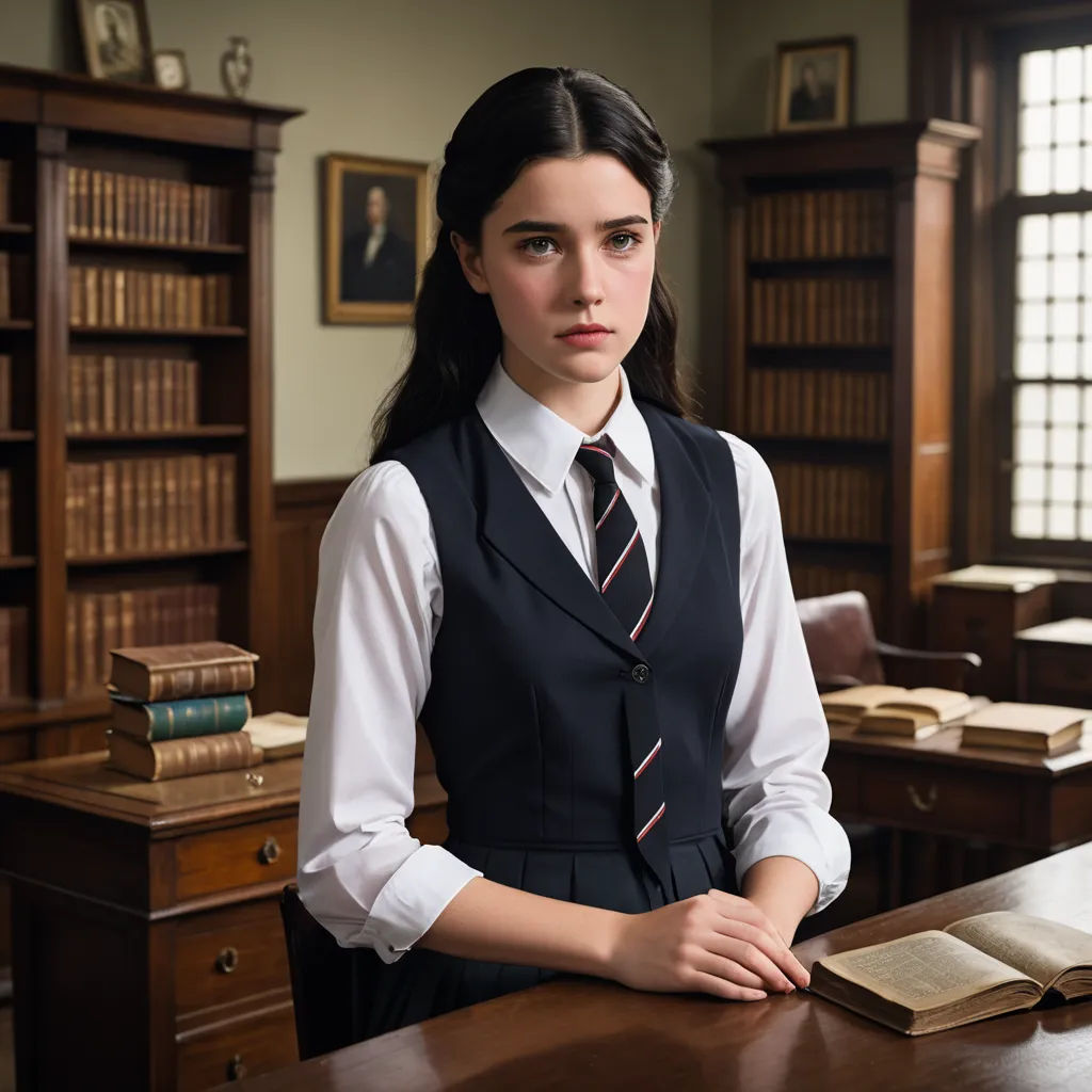 a woman in a suit and tie standing in front of a desk with books on it and a bookcase, vancouver school, a character portrait, Elinor Proby Adams, promotional image