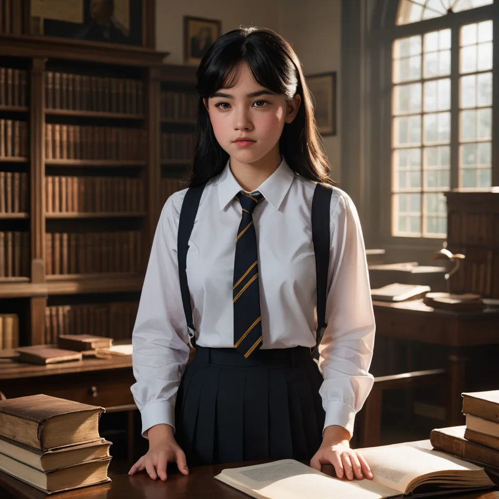 a woman in a school uniform standing in front of a desk with books on it and a window behind her, paris school, a character portrait, Du Qiong, movie still