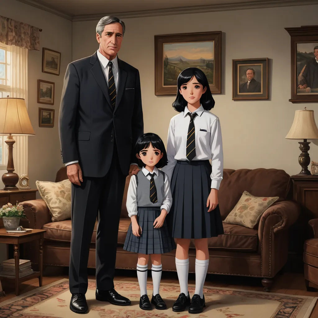 a man and two girls standing in a living room with a couch and a lamp on the floor in front of them, american realism, an ultrafine detailed painting, F. Scott Hess, official art